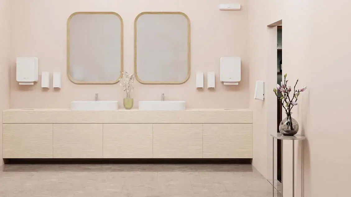 Washroom equipped with white CWS PureLine dispensers