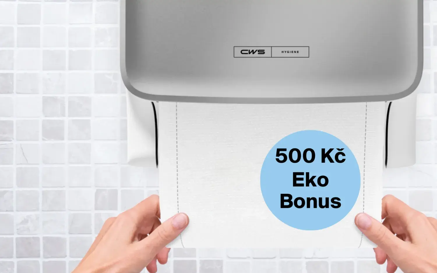 dávkovač bavlněného ručníku s nápisem 500 Kč Eko bonus 
