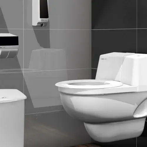 Toaleta wyposażona w samoczyszczącą deskę sedesową, podajnik papieru toaletowego i pojemnik higieniczny firmy CWS.