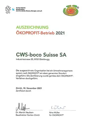 Auszeichnung ÖKOPROFIT-Betrieb 2021 für CWS-boco Suisse SA