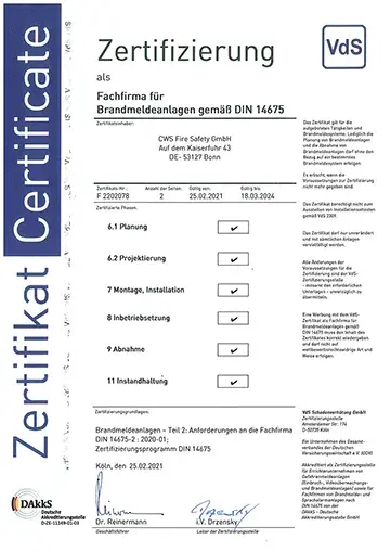 BMA-Wartung Zertifikat DIN 14675
