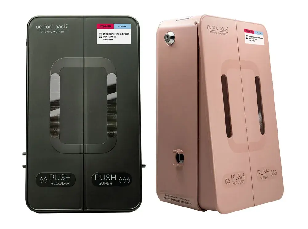 produktbild av två tampongbehållare, en rosa och en svart 