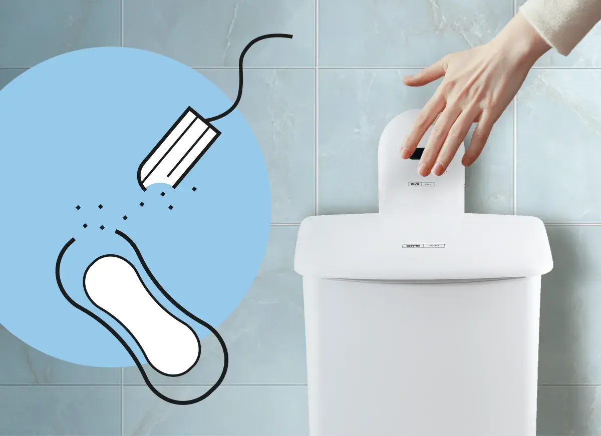 A white CWS Non-touch sanitary box with illustrated sanitary products