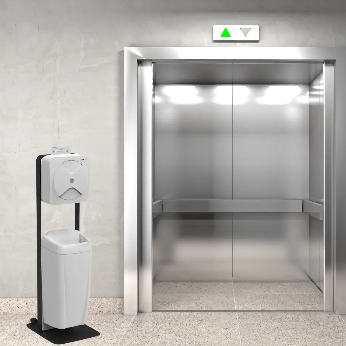 Disinfection wipes dispenser next to elevator